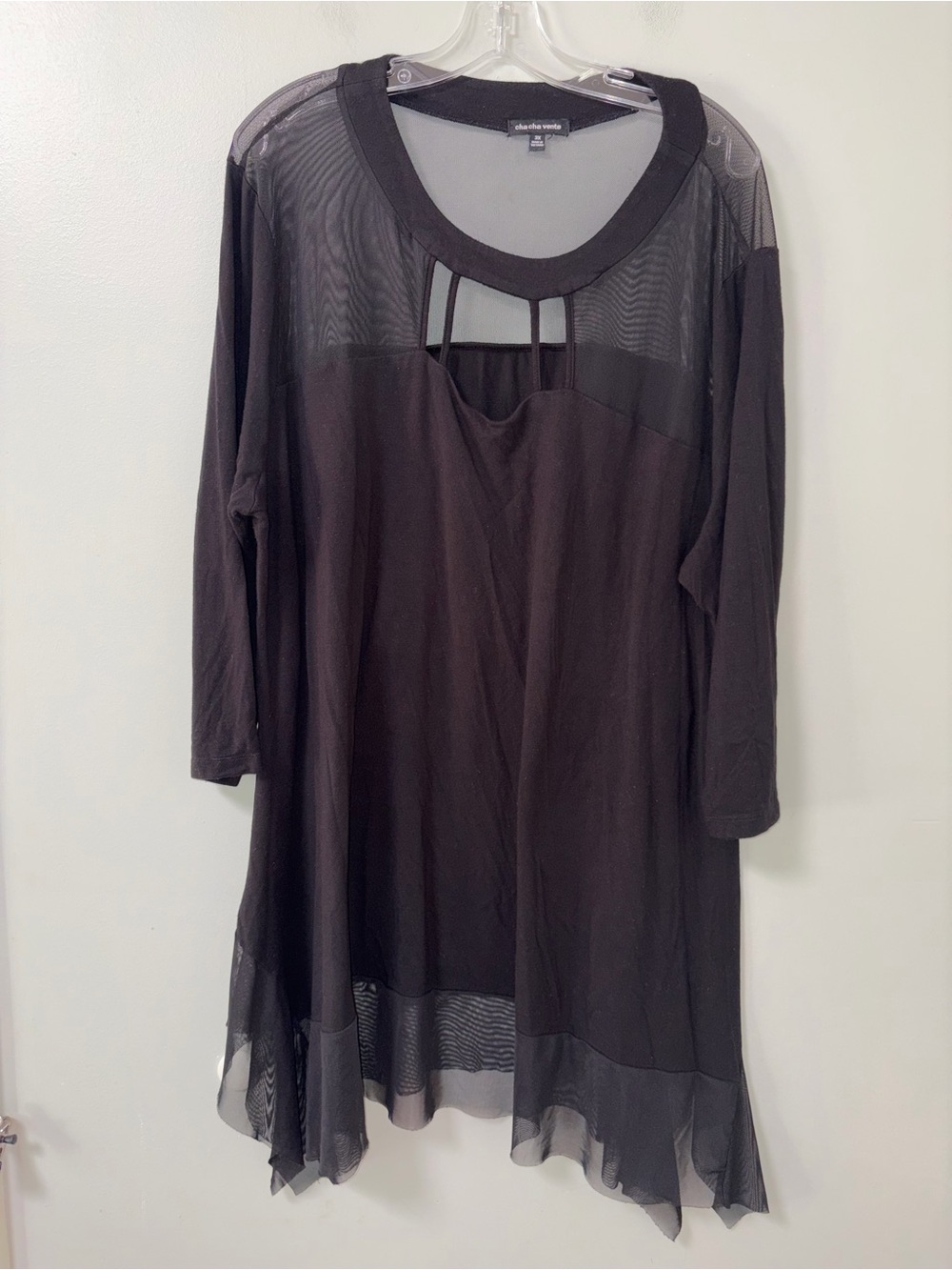 Cha Cha Vente Black Sheer Mesh Trim 3/4 Sleeve Tunic Chest Cutouts 3X